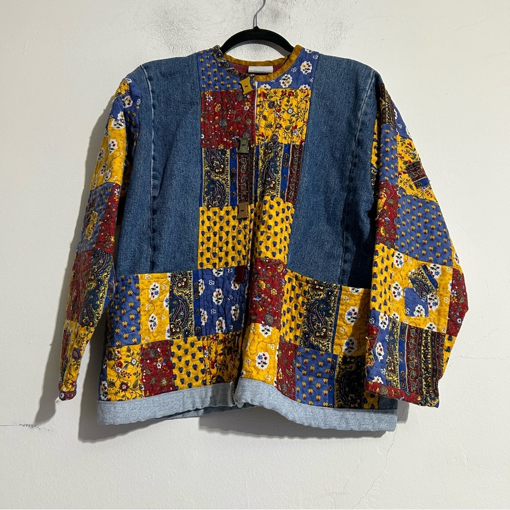 Vintage Patchwork Quilted Denim Jean Jacket Cottage Fall Barn Chore Boho Farm